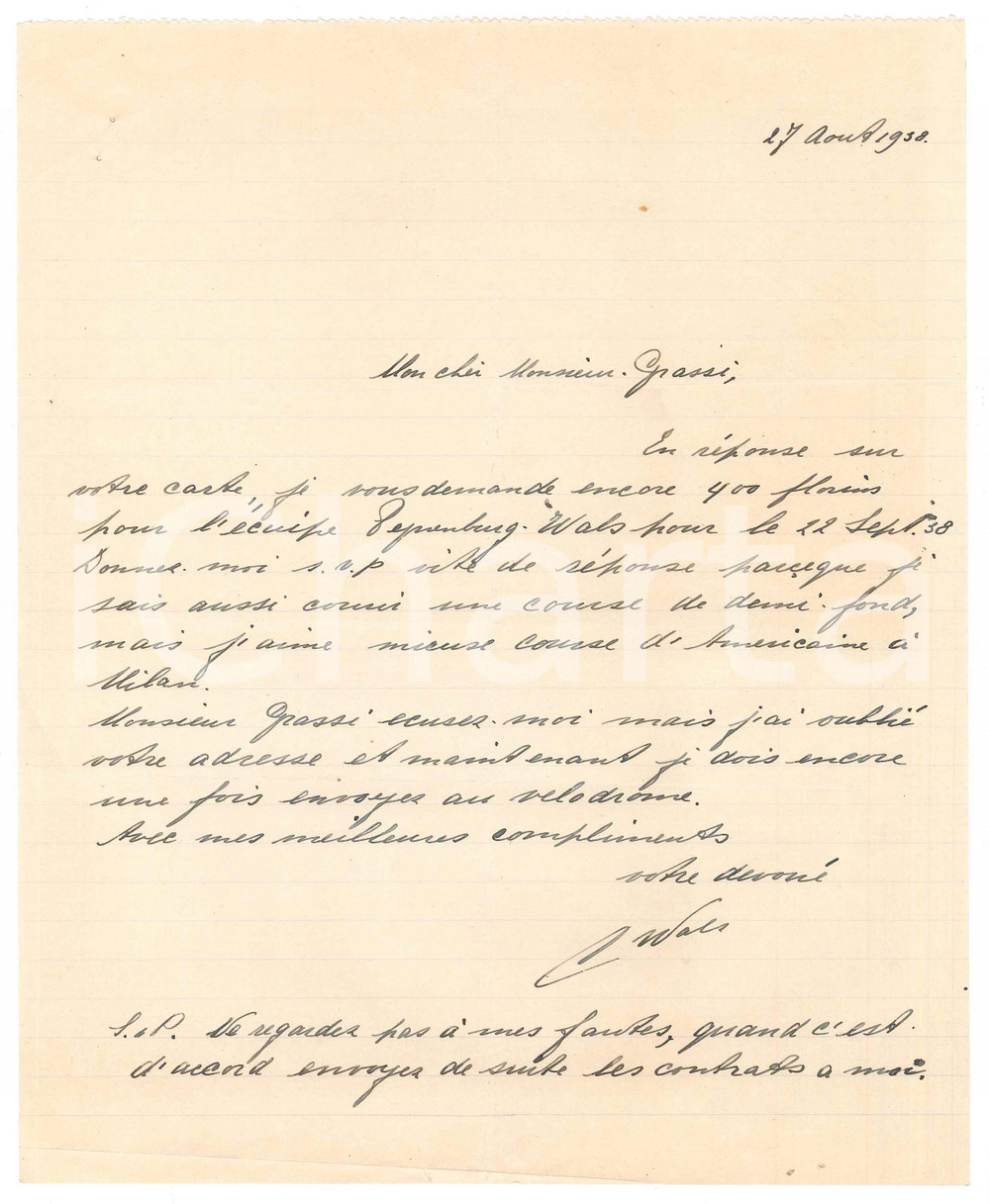 Autografo originale 1938 CICLISMO TILBURG Cor WALS chiede gara americana a Milano  AUTOGRAFO 1