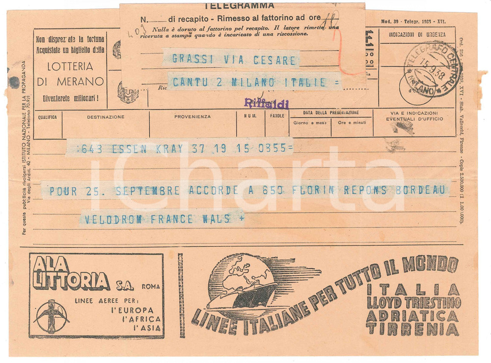 Documento originale, autentico 1938 CICLISMO  ESSEN  Telegramma Cor WALS per conferma di gara 1
