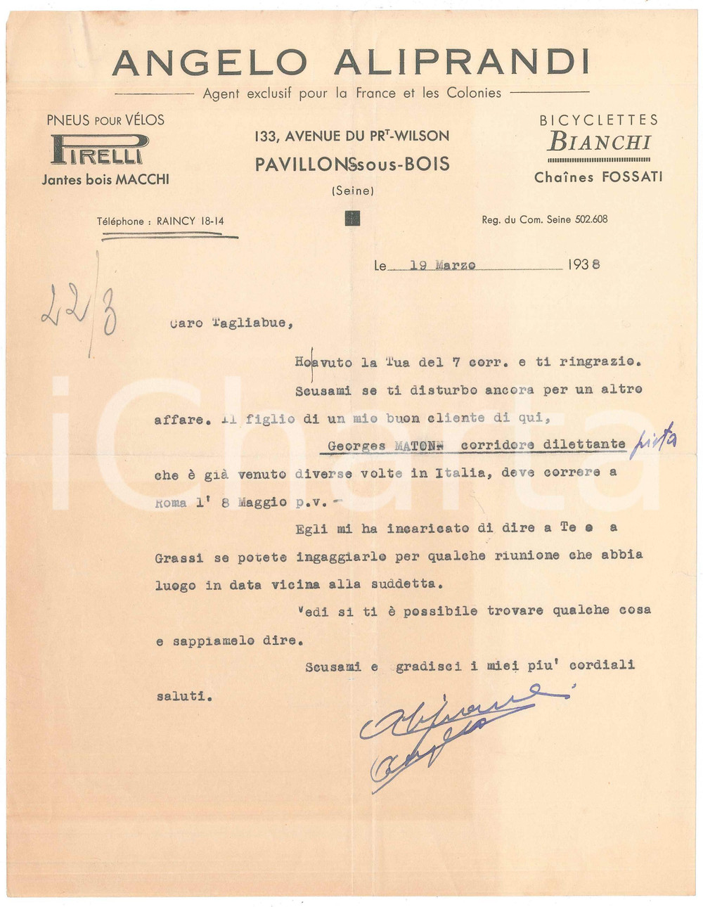 Autografo originale 1938 FRANCE CICLISMO Manager Angelo ALIPRANDI propone Georges MATON Autografo 1