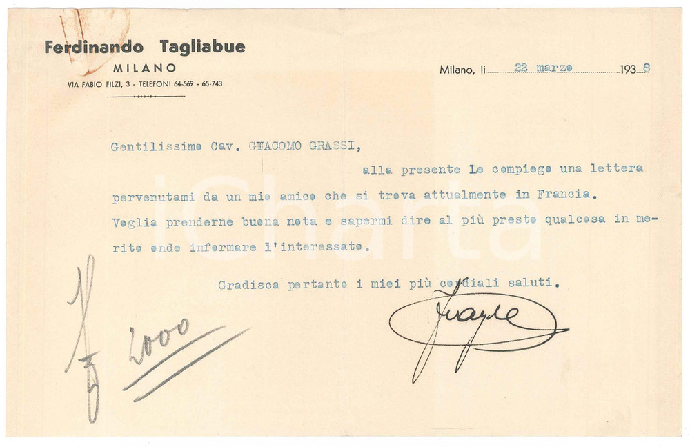 Autografo originale 1938 MILANO CICLISMO Lettera Ferdinando TAGLIABUE manager Autografo 1