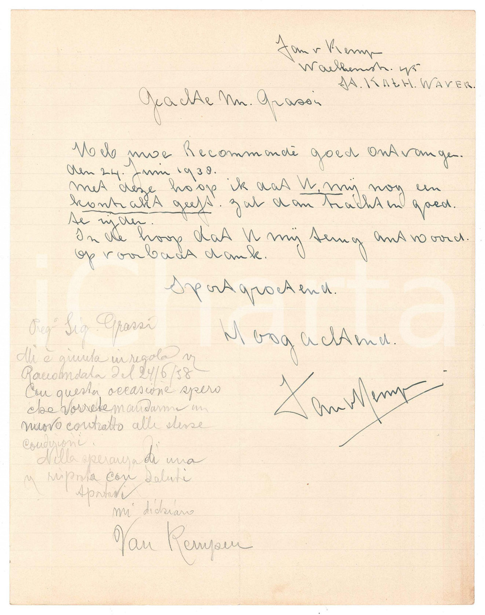 Autografo originale 1938 CICLISMO OLANDA Jan VAN KEMPEN chiede nuovo contratto AUTOGRAFO 1