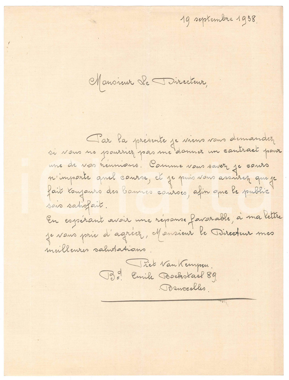 Autografo originale 1938 BRUXELLES CYCLISME Piet VAN KEMPEN demande un contrat  AUTOGRAPHE 1