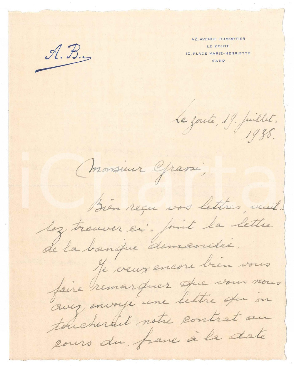 Autografo originale 1938 LE ZOUTE CYCLISME Lettre Albert BUYSSE pour contrat   AUTOGRAPHE 1