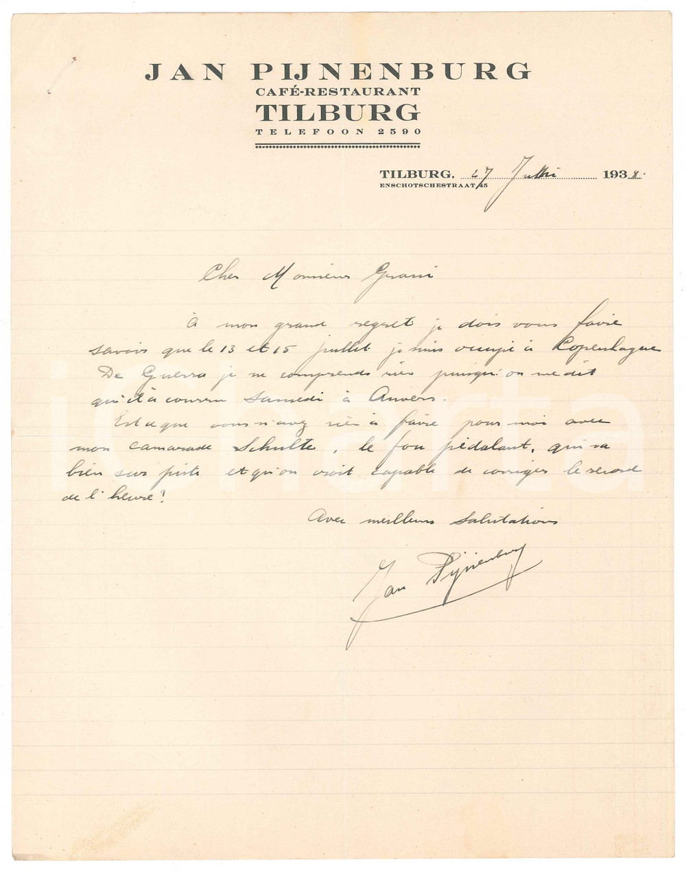 Autografo originale 1938 TILBURG CICLISMO Jan PIJNENBURG chiede ingaggio con SCHULTE AUTOGRAFO 1