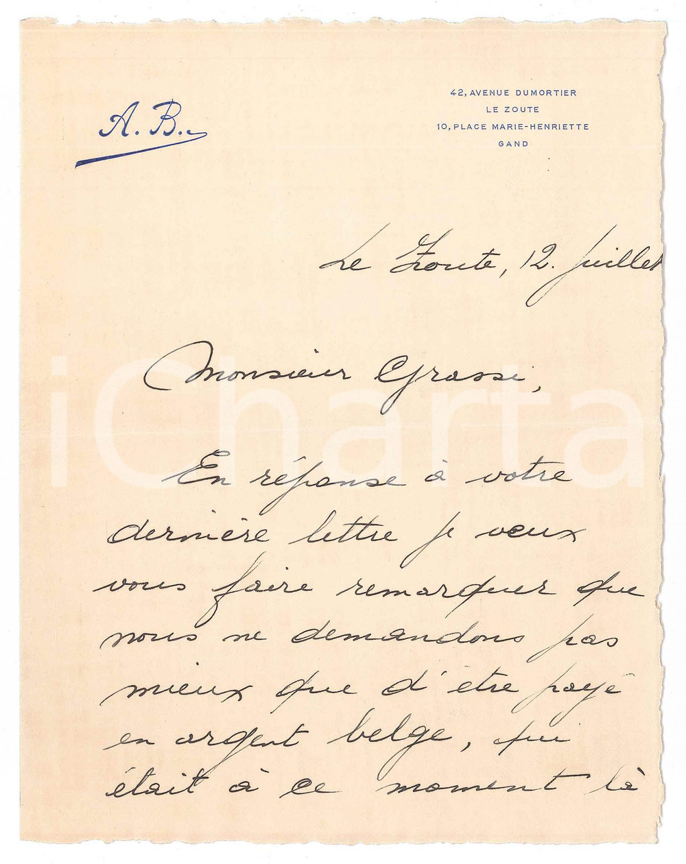 Autografo originale 1938 LE ZOUTE CYCLISME Albert BUYSSE payÃ© en argent belge  AUTOGRAPHE 1