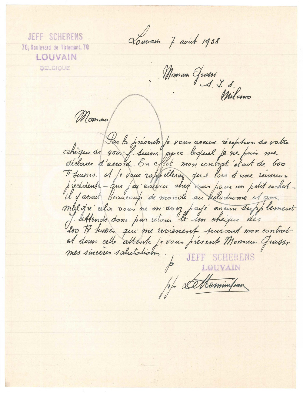 Autografo originale 1938 CICLISMO LOUVAIN Jeff SCHERENS contesta un contratto AUTOGRAFO 1