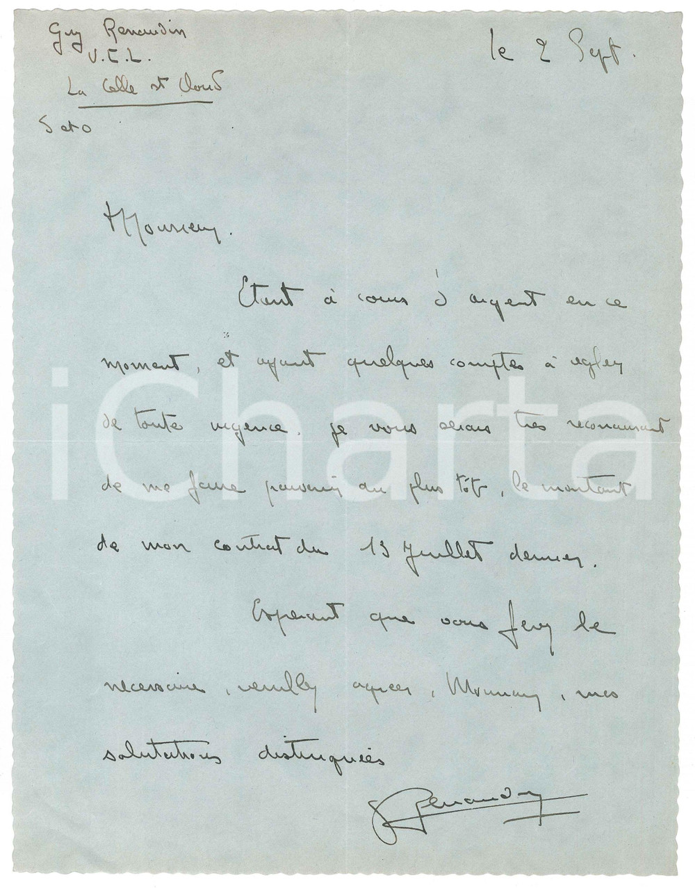 Autografo originale 1938 LA CELLESAINTCLOUD CICLISMO Guy RENAUDIN chiede saldo gara AUTOGRAFO 1