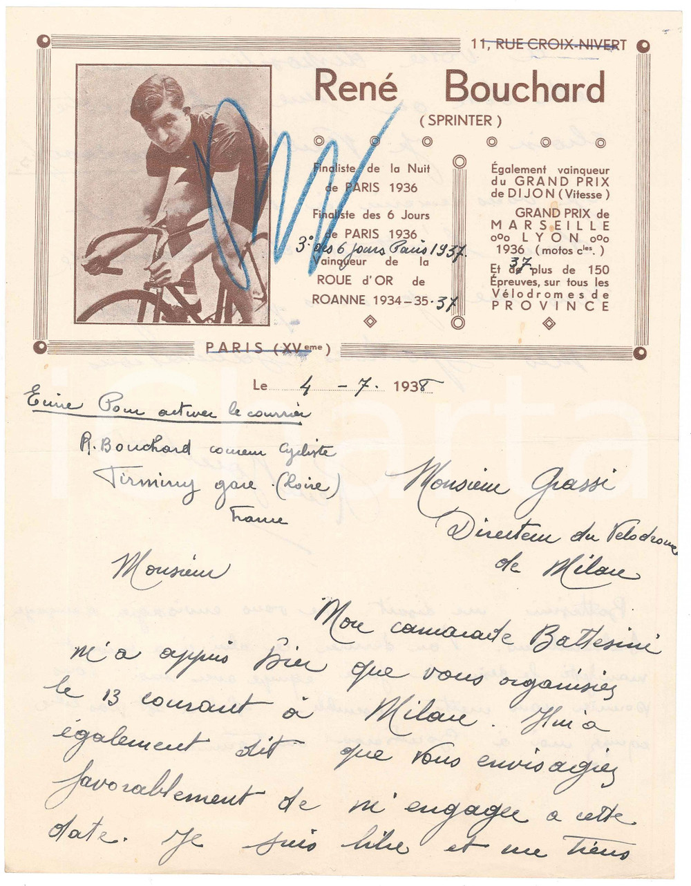 Autografo originale 1938 PARIS CICLISMO Lettera RenÃ© BOUCHARD sprinter per gara a Milano AUTOGRAFO 1