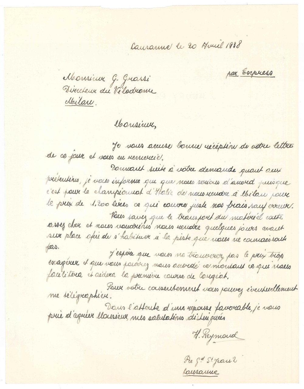 Autografo originale 1938 LAUSANNE CICLISMO Henri REYMOND su ingaggio Giro d Italia AUTOGRAFO 1