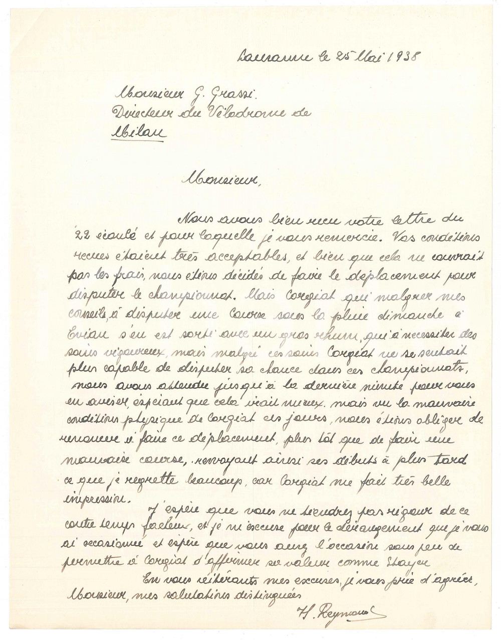 Autografo originale 1938 LAUSANNE CICLISMO Henri REYMOND su Georges CORGIAT malato AUTOGRAFO 1