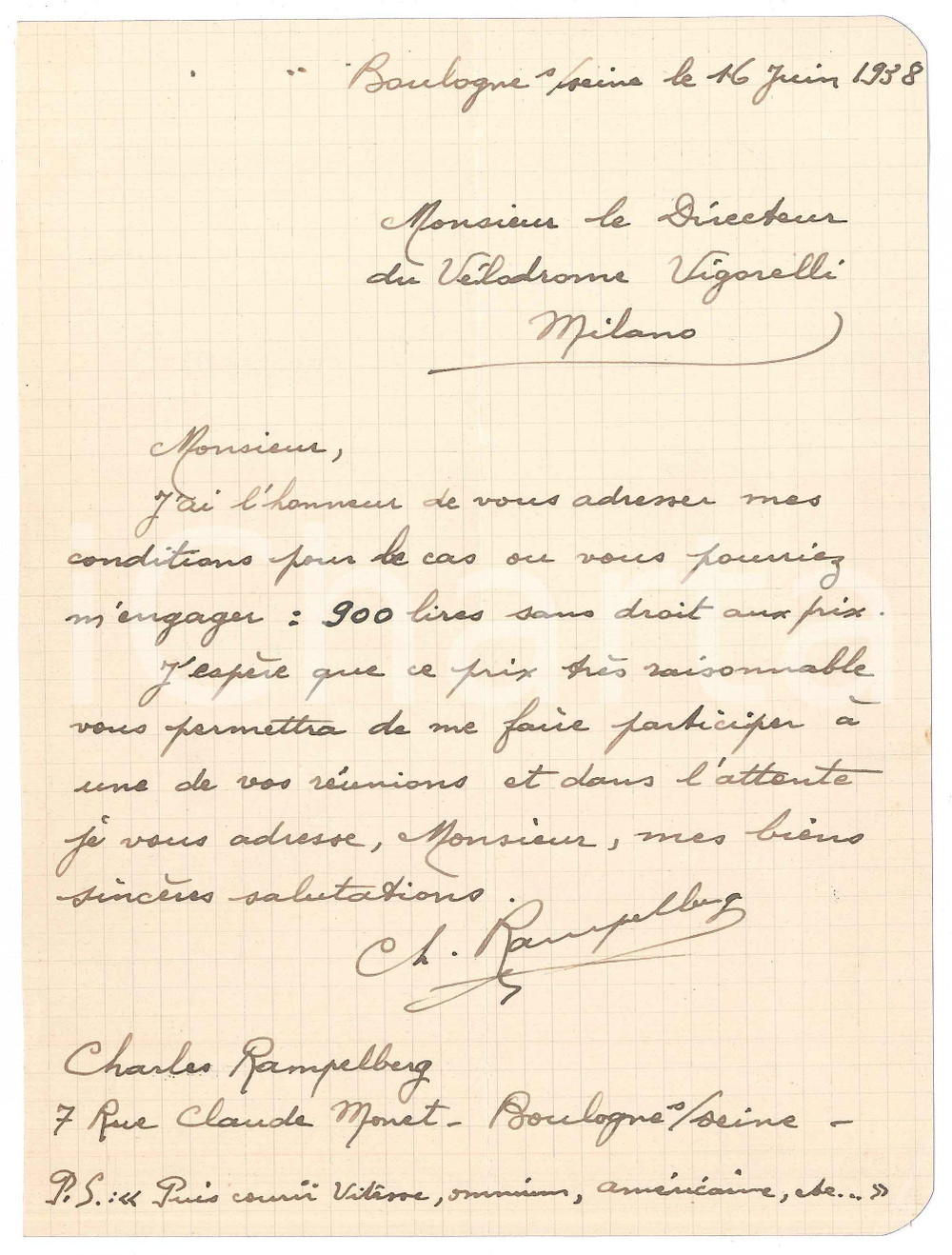 Autografo originale 1938 BOULOGNESURSEINE CICLISMO Charles RAMPELBERG su ingaggio  AUTOGRAFO 1