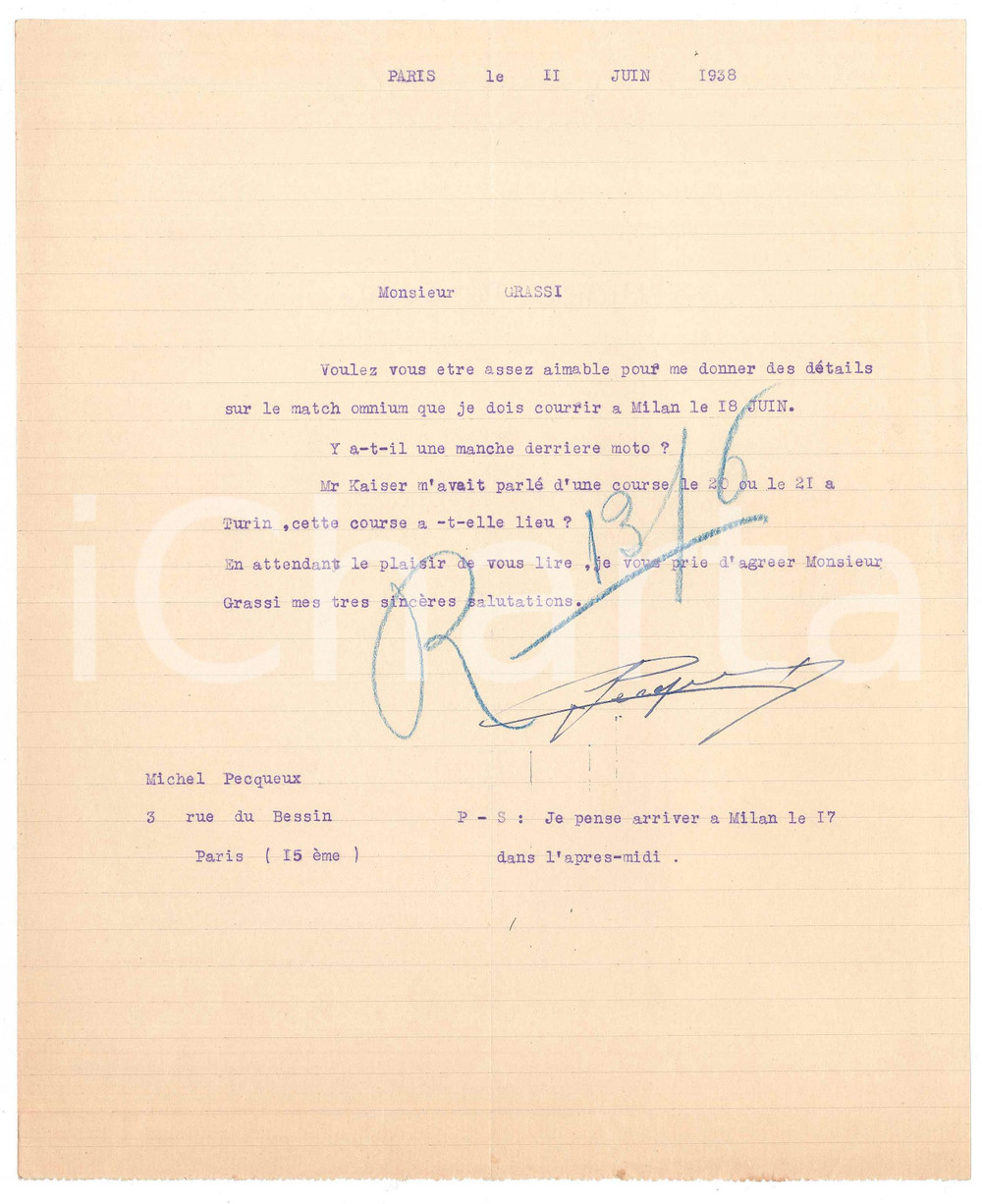 Autografo originale 1938 PARIS CYCLISME Lettre Michel PECQUEUX pour match omnium AUTOGRAPHE 1