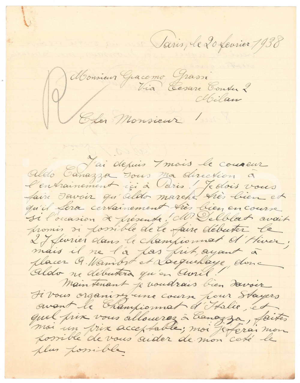 Autografo originale 1938 PARIS CYCLISME Lettre LÃ©on VANDERSTUYFT pour Aldo CANAZZA AUTOGRAPHE 1