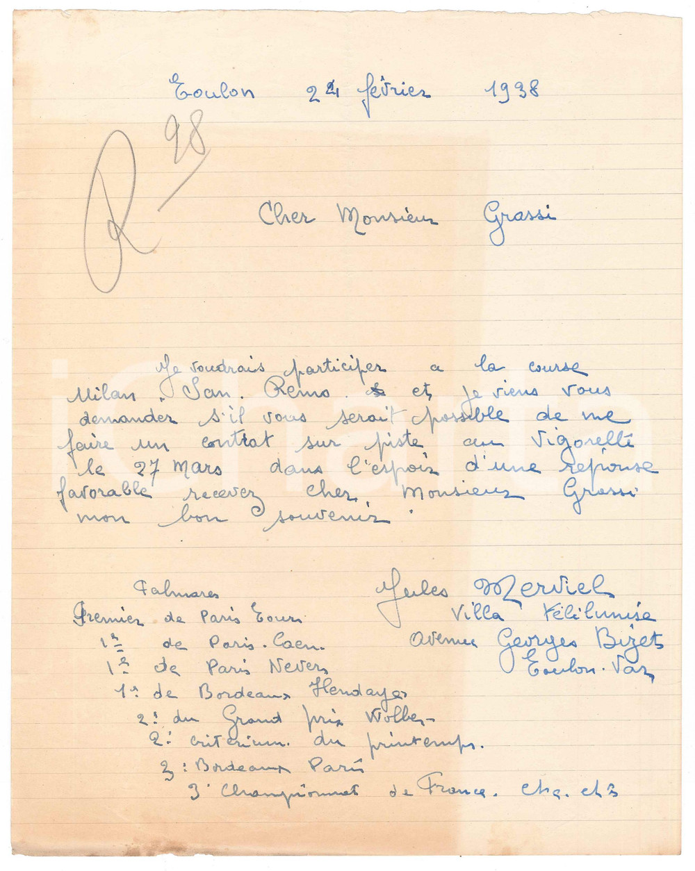 Autografo originale 1938 TOULON CICLISMO Jules MERVIEL chiede ingaggio per Milano  AUTOGRAFO 1