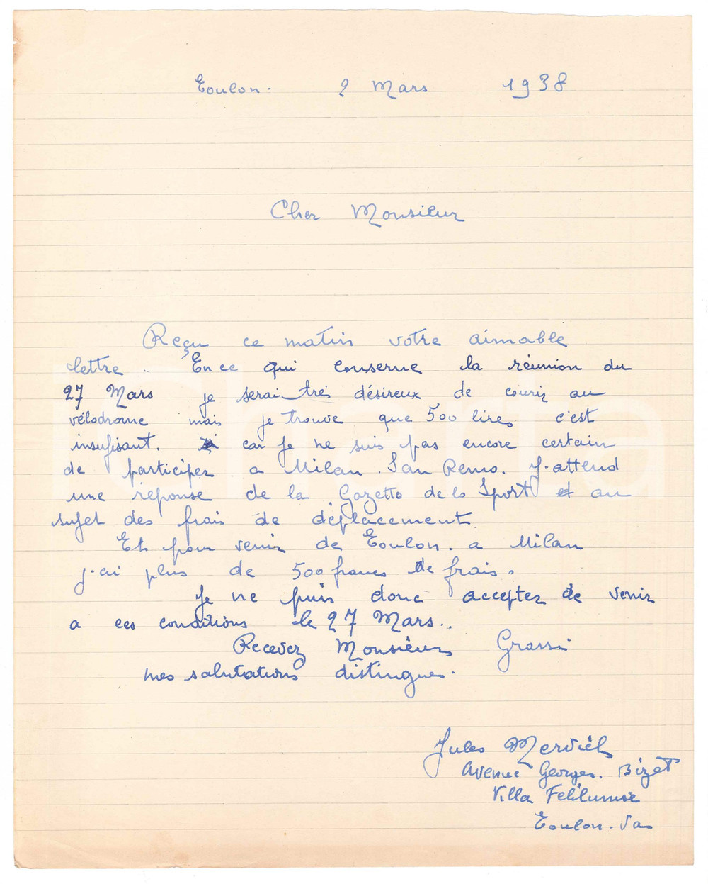 Autografo originale 1938 TOULON CICLISMO Jules MERVIEL chiede aumento ingaggio per Milano AUTOGRAFO 1