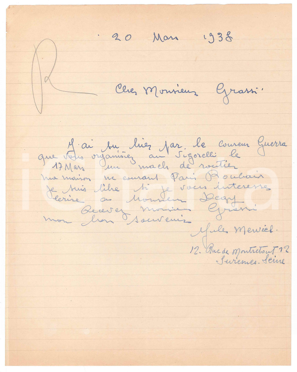 Autografo originale 1938 TOULON CICLISMO Jules MERVIEL libero per gara a Milano AUTOGRAFO 1