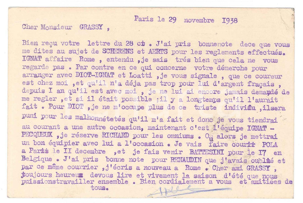 Autografo originale 1938 PARIS CICLISMO Georges KAISER direttore sportivo  Cartolina  Autografo 1