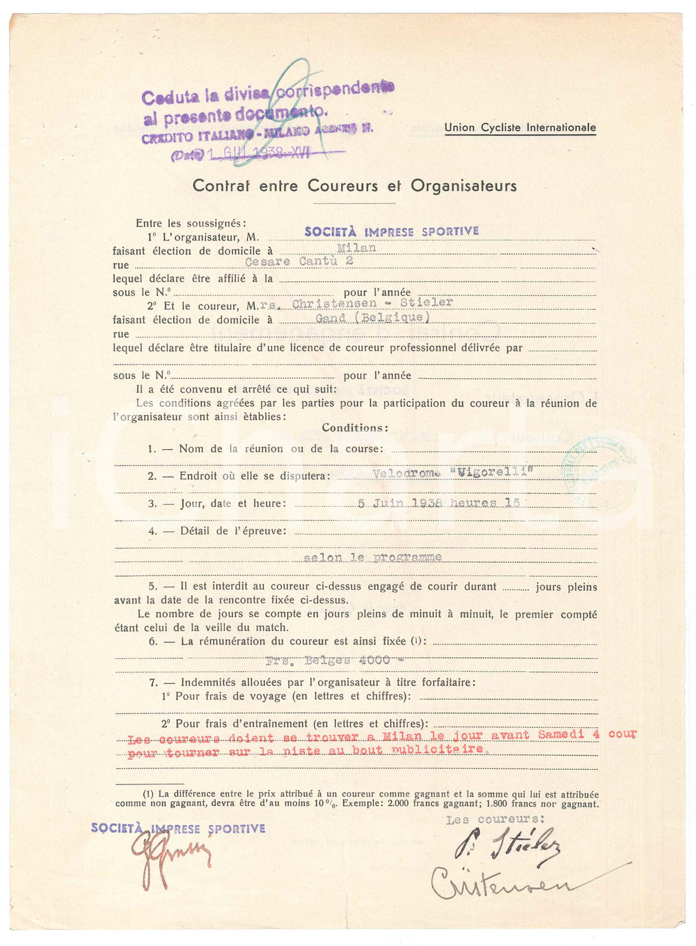 Autografo originale 1942 CICLISMO MILANO Contratto Erland CHRISTENSEN Bjorn STIELER  Autografi 1