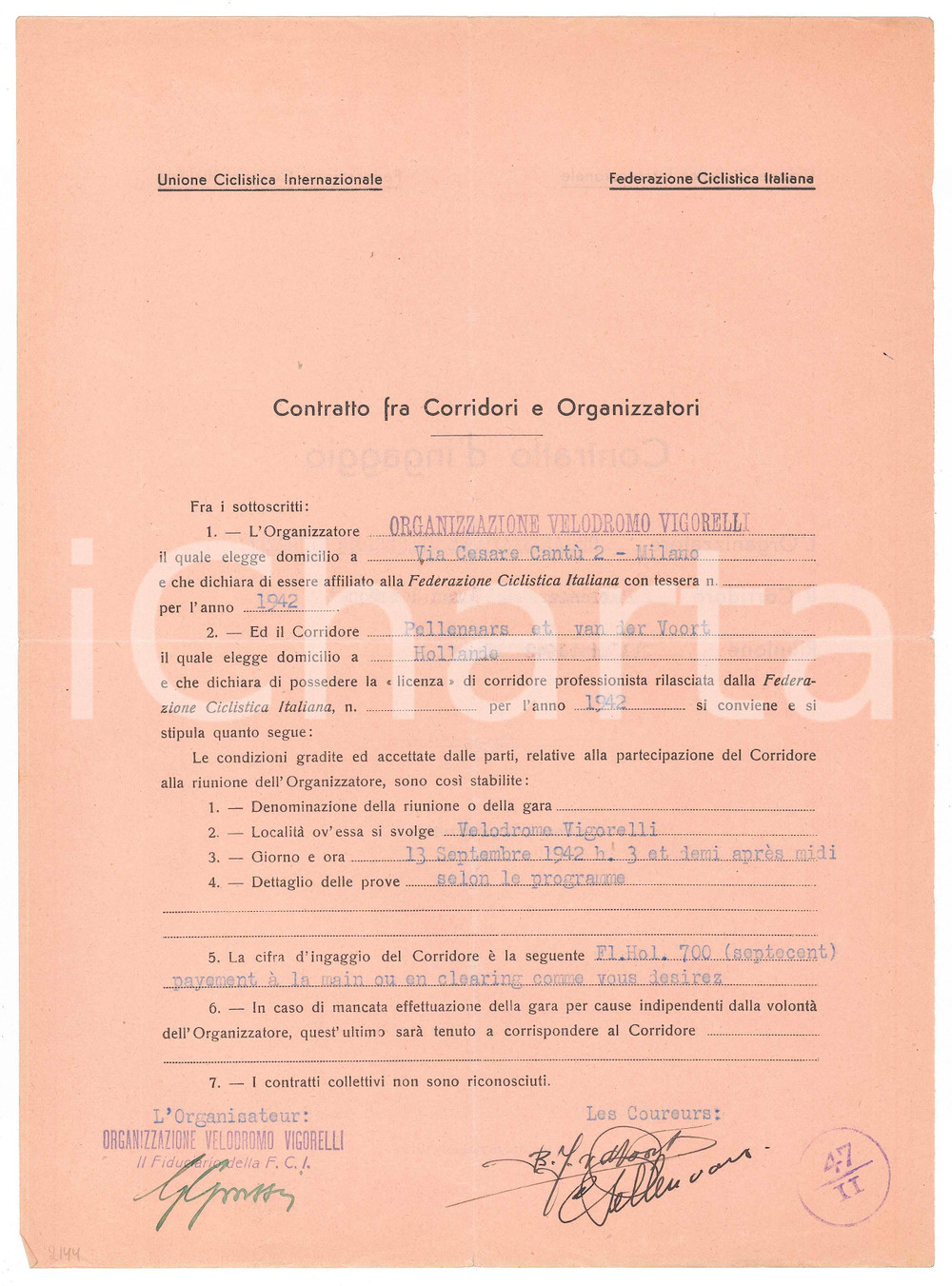 Autografo originale 1942 CICLISMO MILANO  Contratto ingaggio PELLENAARS VAN DER VOORT Autografi 1