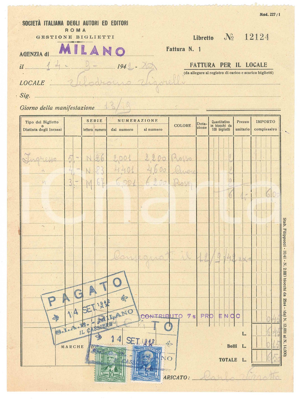 Documento originale, autentico 1942 MILANO  VIGORELLI Fattura SIAE per eventi CICLISMO  17x23 cm 1