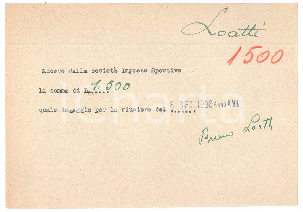 Autografo originale 1938 CICLISMO MILANO Ricevuta Bruno LOATTI per corsa al VIGORELLI AUTOGRAFO 1