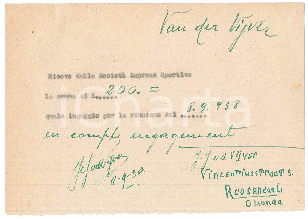 Autografo originale 1938 CICLISMO MILANO Ricevuta Jef VAN DE VIJVER ingaggio al VIGORELLI AUTOGRAFO 1