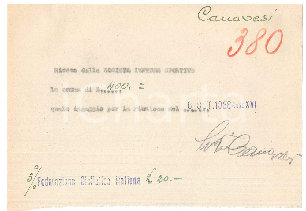 Autografo originale 1938 CICLISMO MILANO Ricevuta Severino CANAVESI per corsa VIGORELLI AUTOGRAFO 1