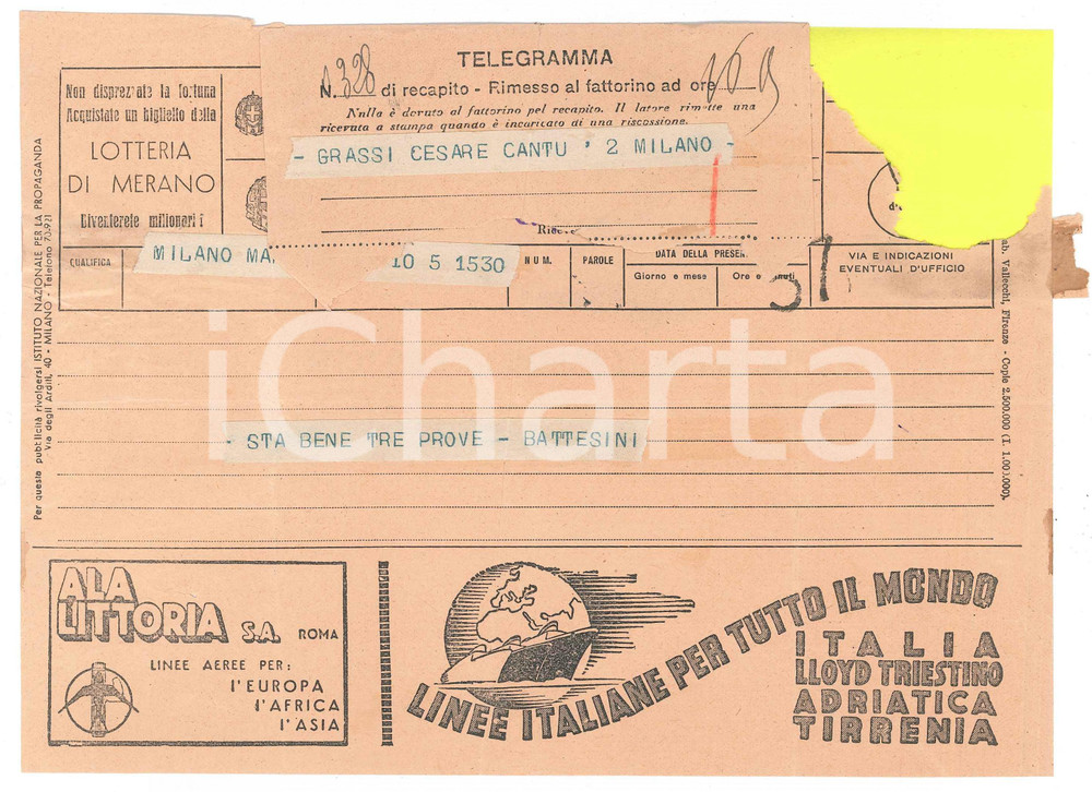 Documento originale, autentico 1938 CICLISMO  MANTOVA  Telegramma Fabio BATTESINI per prove gara DANNEGGIATO 1