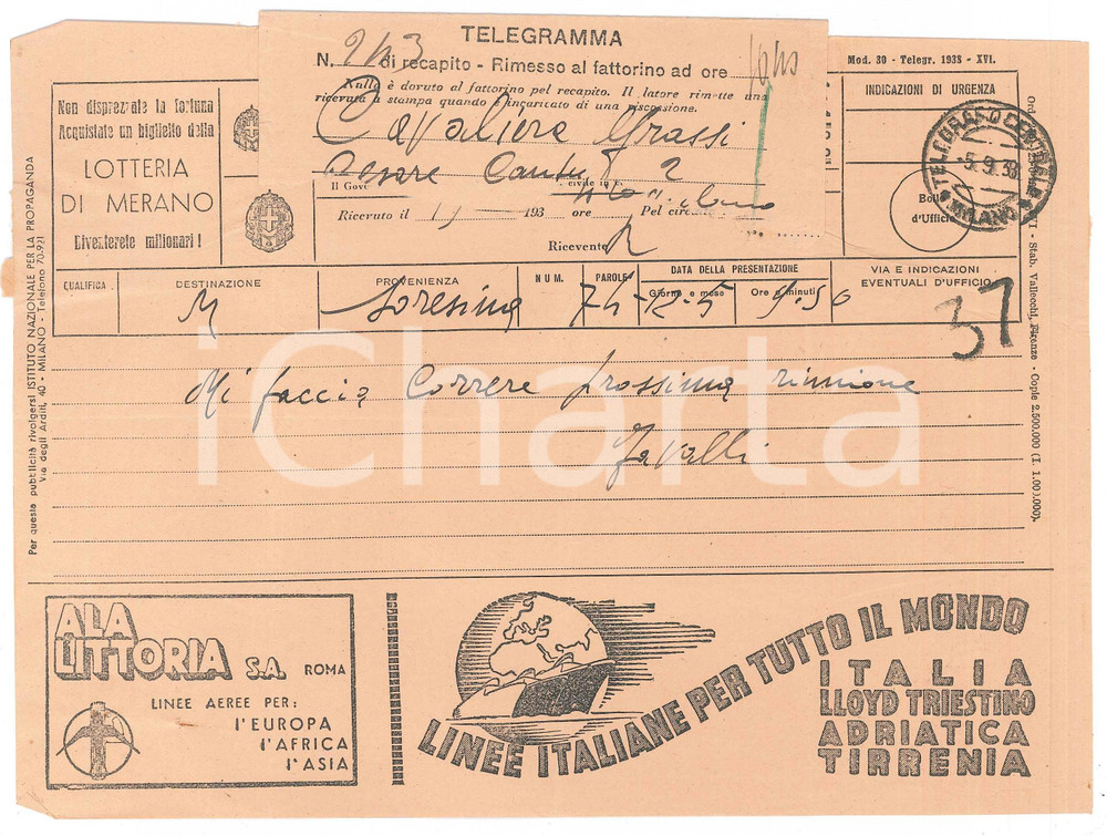 Documento originale, autentico 1938 CICLISMO  SORESINA  Telegramma Pierino FAVALLI per nuova gara 1