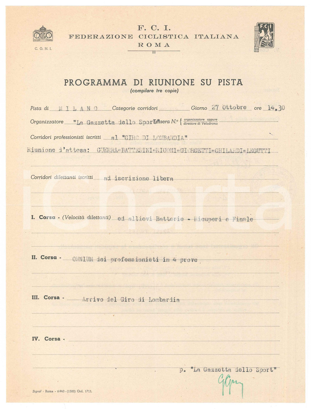 Documento originale, autentico 1940 CICLISMO MILANO Programma di riunione su pista GIRO DI LOMBARDIA 1