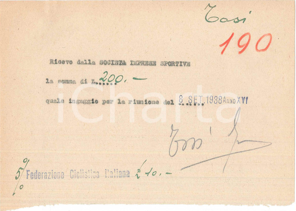 Autografo originale 1938 CICLISMO MILANO Ricevuta Angelo TOSI per ingaggio VIGORELLI AUTOGRAFO 1