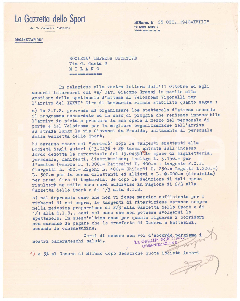 Documento originale, autentico 1940 MILANO LA GAZZETTA DELLO SPORT Lettera su arrivo del Giro di Lombardia 1