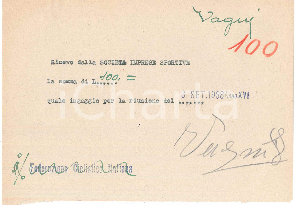 Autografo originale 1938 CICLISMO MILANO Ricevuta Enrico VAGNI per ingaggio al VIGORELLI AUTOGRAFO 1