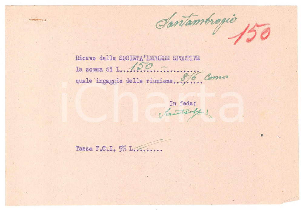 Autografo originale 1940 ca CICLISMO COMO Ricevuta Serafino SANTAMBROGIO per ingaggio  AUTOGRAFO 1