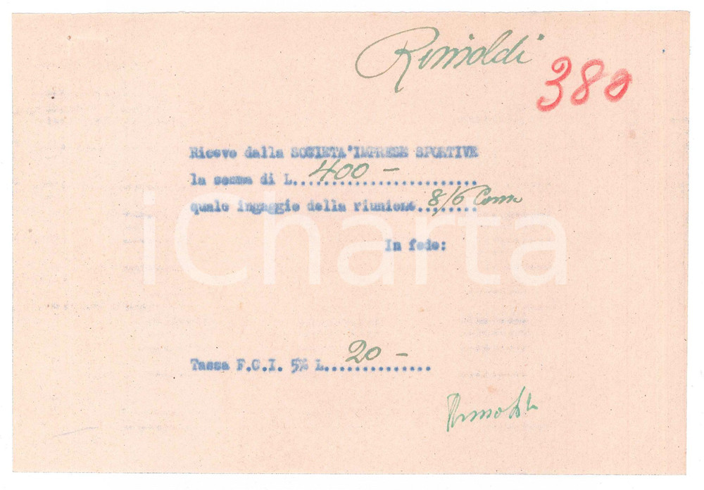 Autografo originale 1940 ca CICLISMO COMO Ricevuta Pietro RIMOLDI per ingaggio  AUTOGRAFO 1