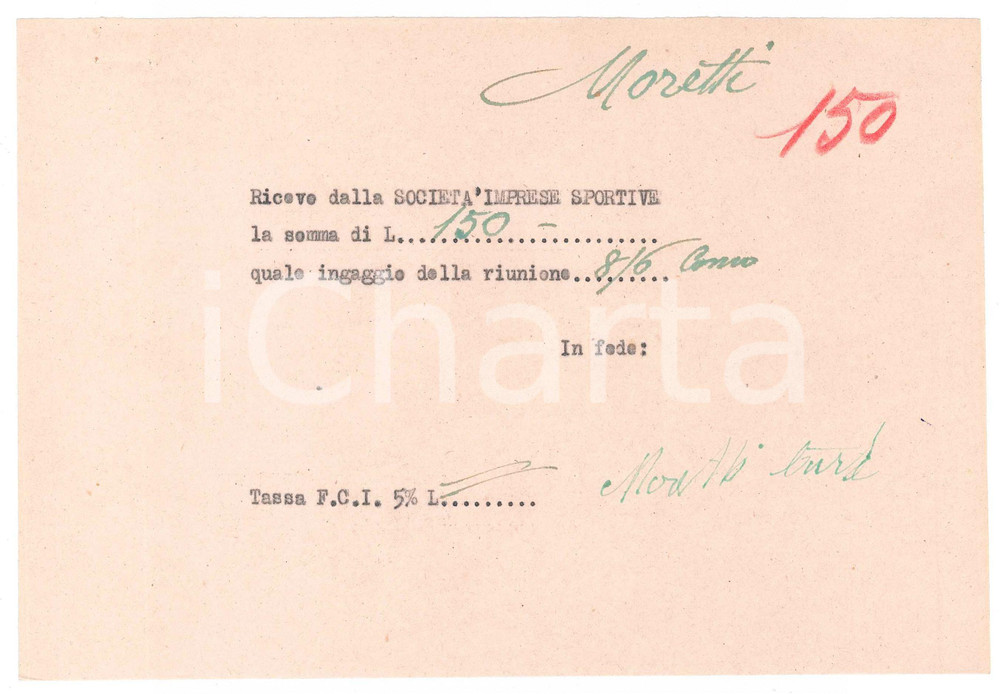 Autografo originale 1940 ca CICLISMO COMO Ricevuta Carlo MORETTI per ingaggio  AUTOGRAFO 1