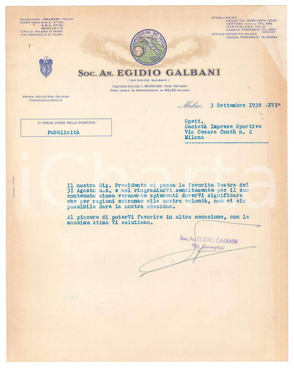 Documento originale, autentico 1938 MELZO SocietÃ  GALBANI rifiuta proposta SocietÃ  Imprese Sportive CICLISMO 1
