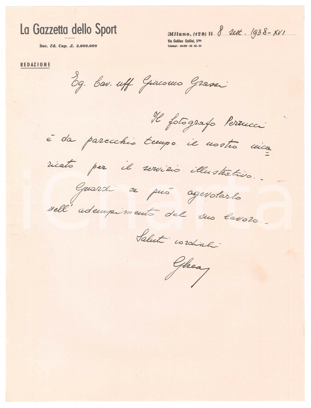 1938 MILANO LA GAZZETTA DELLO SPORT Lettera GHEA (Angelo GHEZZI) *AUTOGRAFO