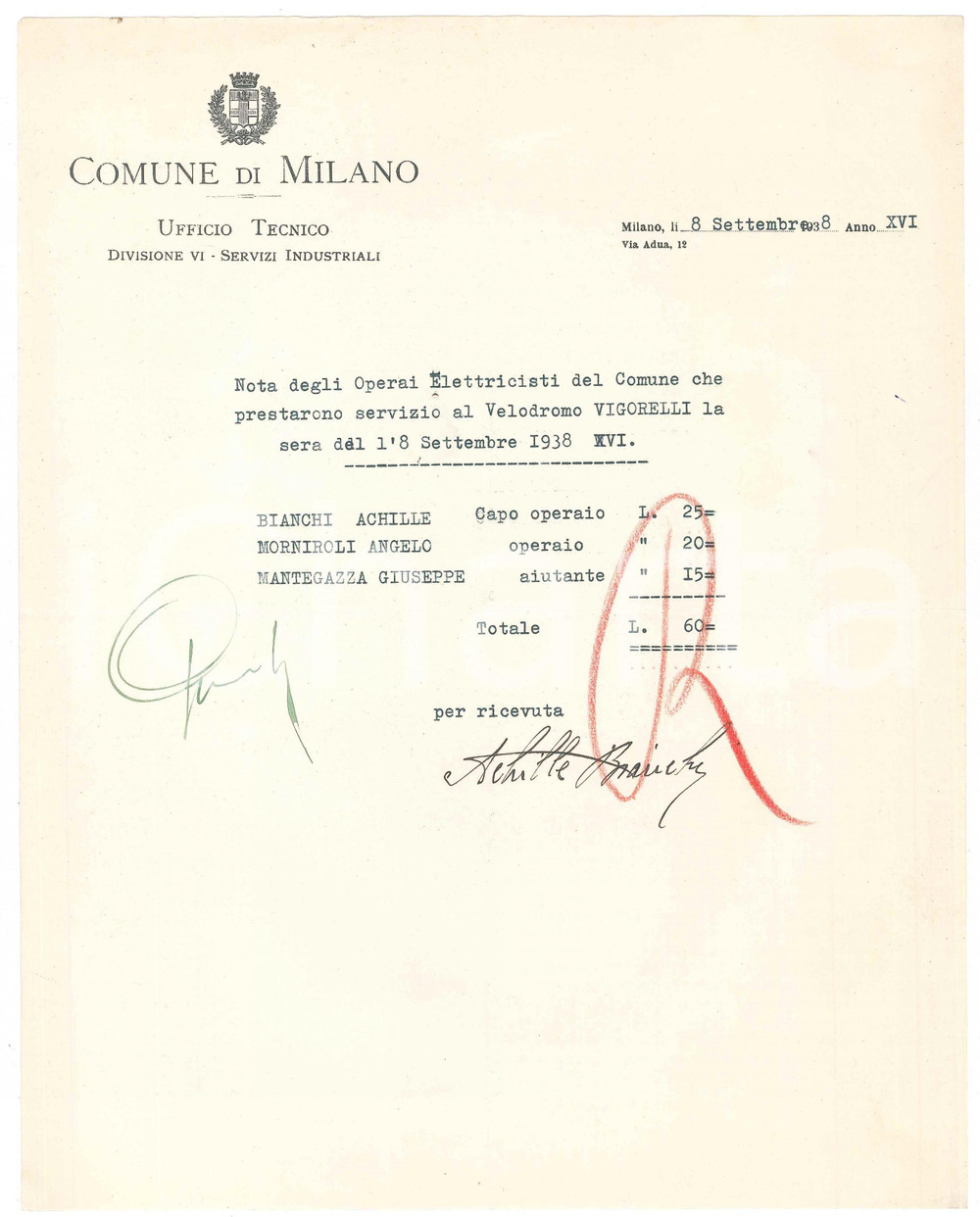 Documento originale, autentico 1938 COMUNE DI MILANO Ufficio Tecnico  Nota lavori elettrici al VIGORELLI 1