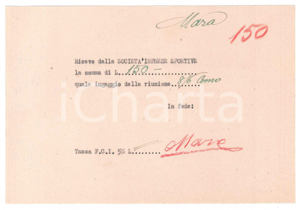 Autografo originale 1940 ca CICLISMO COMO Ricevuta Enrico MARA per ingaggio  AUTOGRAFO 1