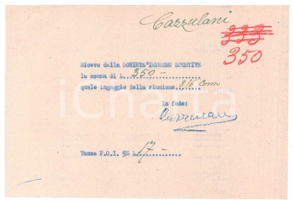 Autografo originale 1940 ca CICLISMO COMO Ricevuta Giovanni CAZZULANI per ingaggio  AUTOGRAFO 1