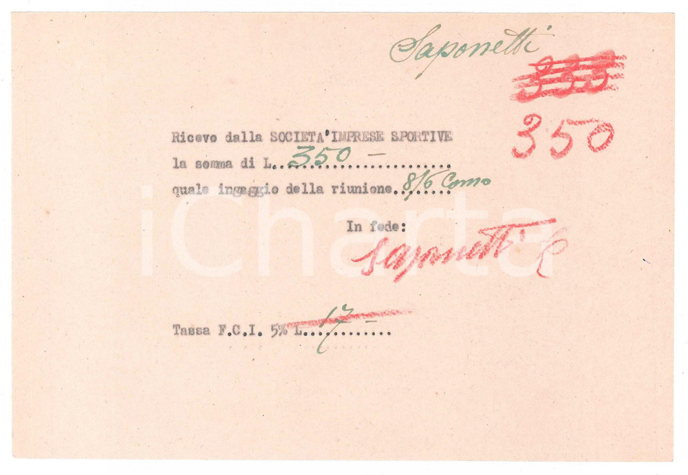 Autografo originale 1940 ca CICLISMO COMO Ricevuta Carmine SAPONETTI per ingaggio  AUTOGRAFO 1