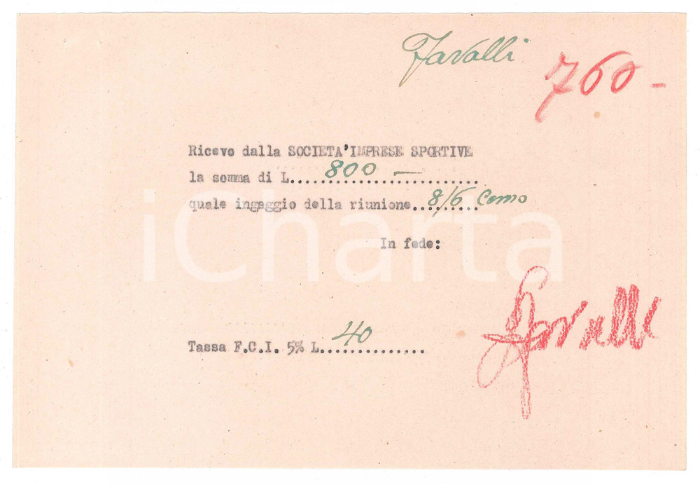1940 ca CICLISMO COMO Ricevuta Pierino FAVALLI per ingaggio - AUTOGRAFO