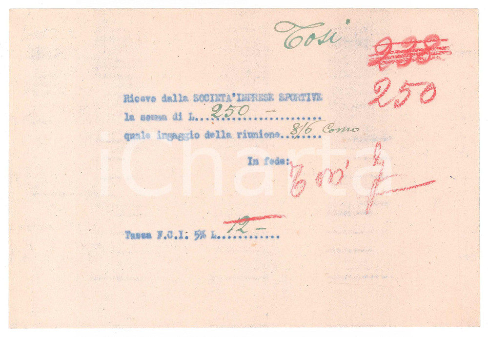 Autografo originale 1940 ca CICLISMO COMO Ricevuta Angelo TOSI per ingaggio  AUTOGRAFO 1