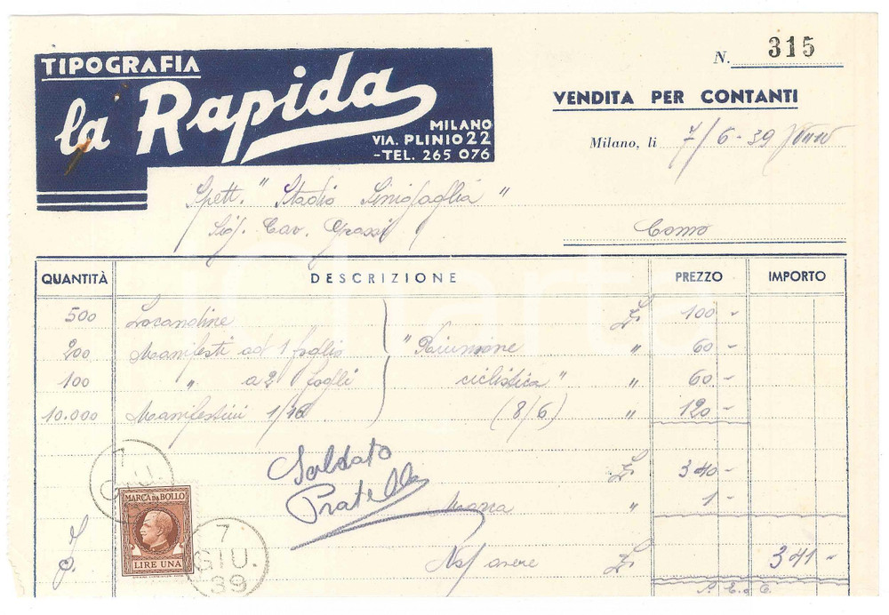 Documento originale, autentico 1938 MILANO Tip. LA RAPIDA Fattura manifesti CICLISMO per Stadio Sinigaglia COMO 1
