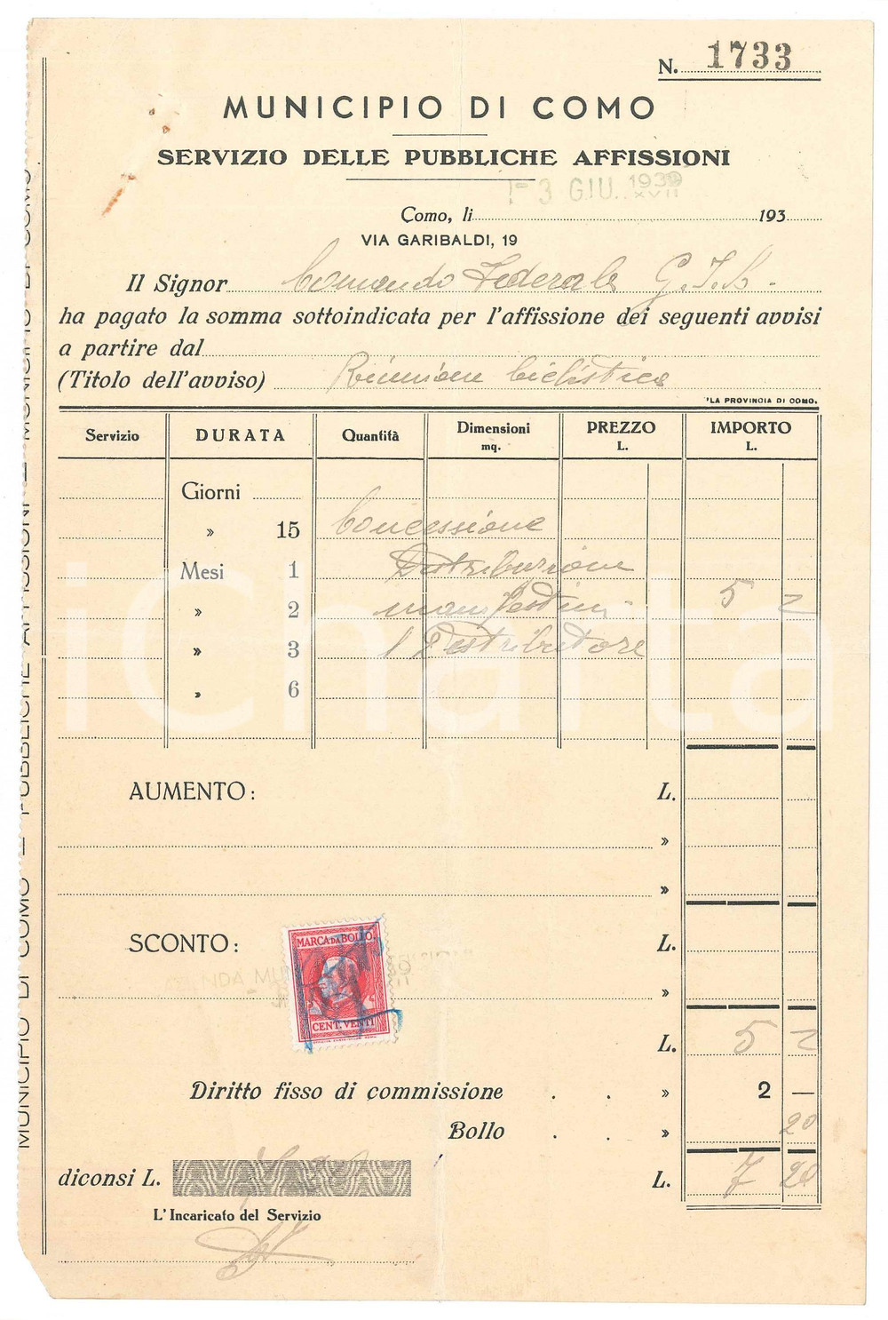 Documento originale, autentico 1939 CICLISMO COMO Servizio Pubbliche Affissioni  Ricevuta GIL  16x24 cm 2 1