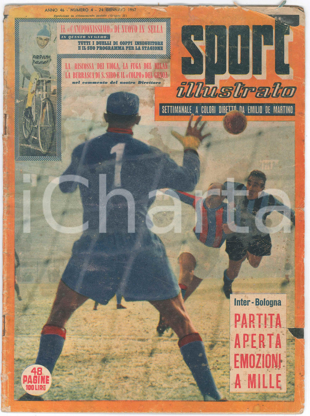 Giornale, rivista storica 1957 SPORT ILLUSTRATO INTERBOLOGNA partita aperta  Fausto COPPI ritorna 1