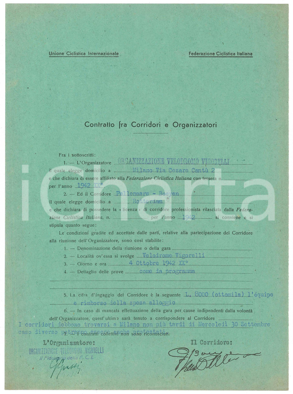 Autografo originale 1942 CICLISMO MILANO Contratto ingaggio Kees PELLENAARS Gerrit BOEYEN Autografi 1