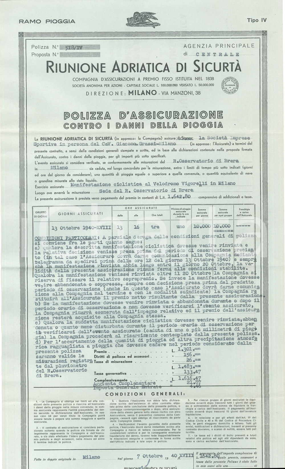 Documento originale, autentico 1940 RIUNIONE ADRIATICA DI SICURTA  Polizza gara CICLISMO al Vigorelli MILANO 1
