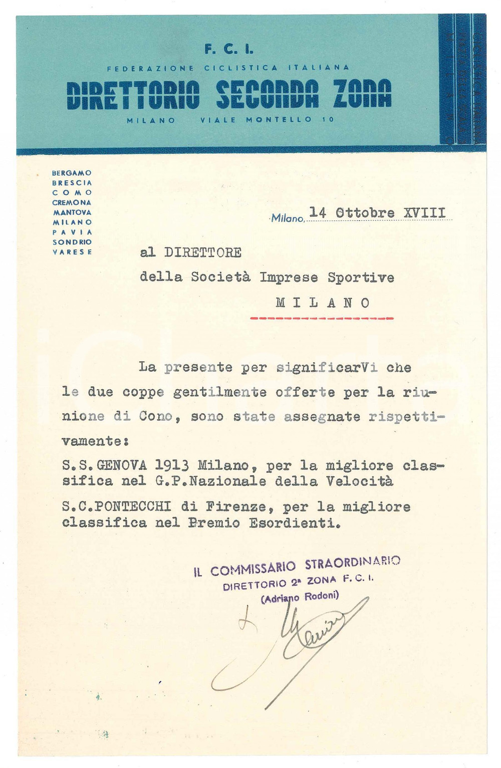 Documento originale, autentico 1940 CICLISMO MILANO Direttorio Seconda Zona  Coppe per gara di COMO 1